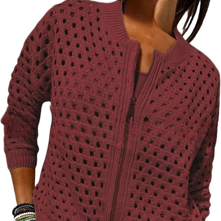 Cardigan Femme en Maille – Col Rond Zippé Léger Ajoure