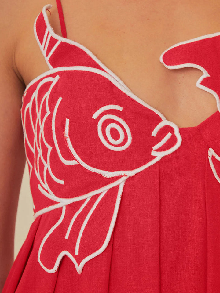 Maxikleid für Damen mit Trägern – Fischstickerei und Volantrock