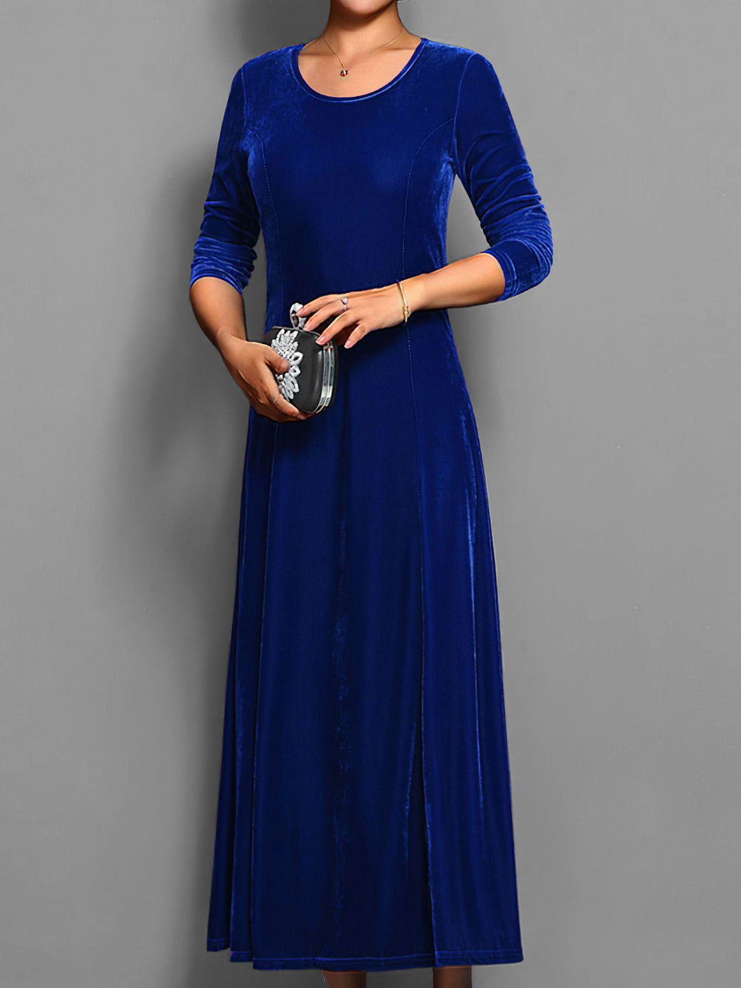 Langes Damen-Samtkleid – A-Linien-Schnitt mit eleganten 3/4-Ärmeln