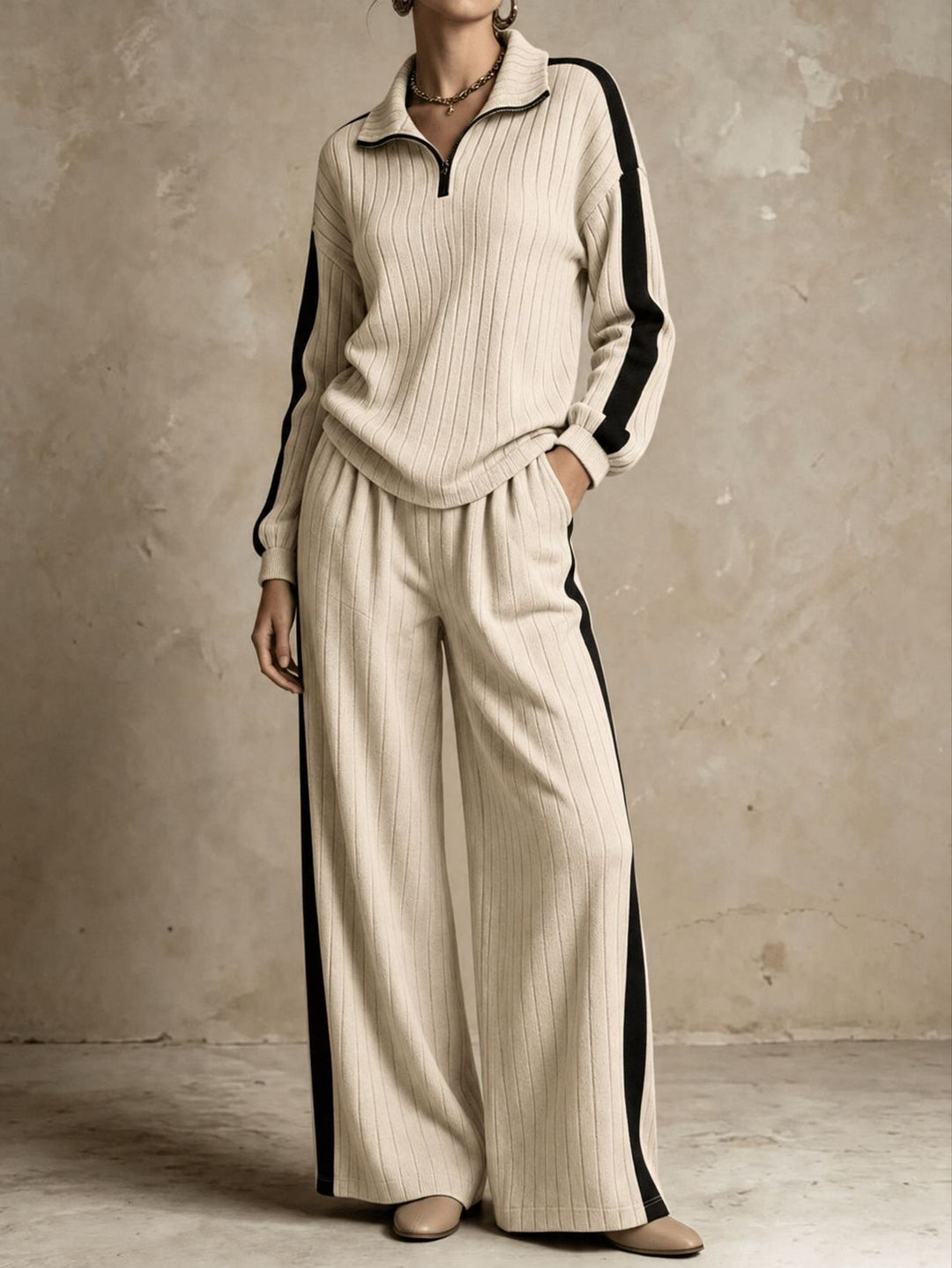 Ensemble Deux Pièces Femme Maille Côtelée – Haut Zippé &amp; Pantalon Large