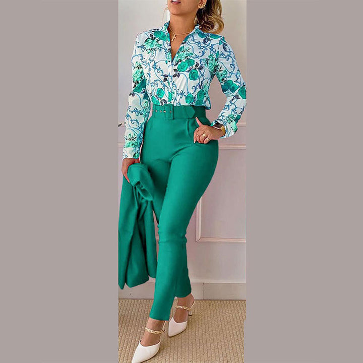 Completo Donna 2 Pezzi – Scollo a V, Stampa Floreale a Volute, Tessuto Leggero