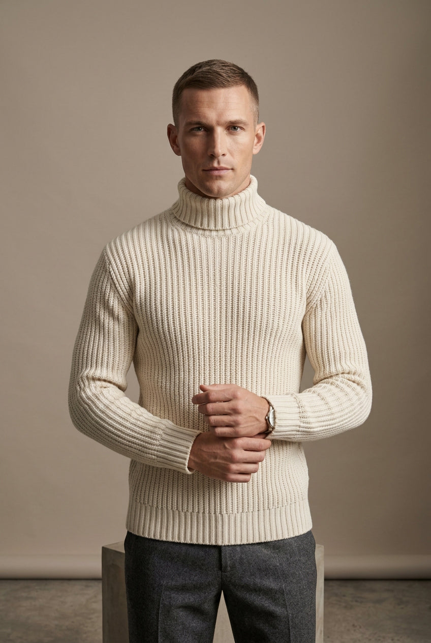 Herresweater med rullekrave i strik – slim fit med ribstrik