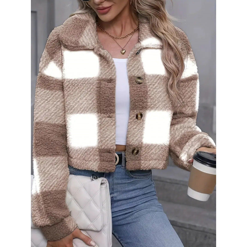 Veste Femme à Carreaux – Coupe Croppée, Tissu Doux et Épais