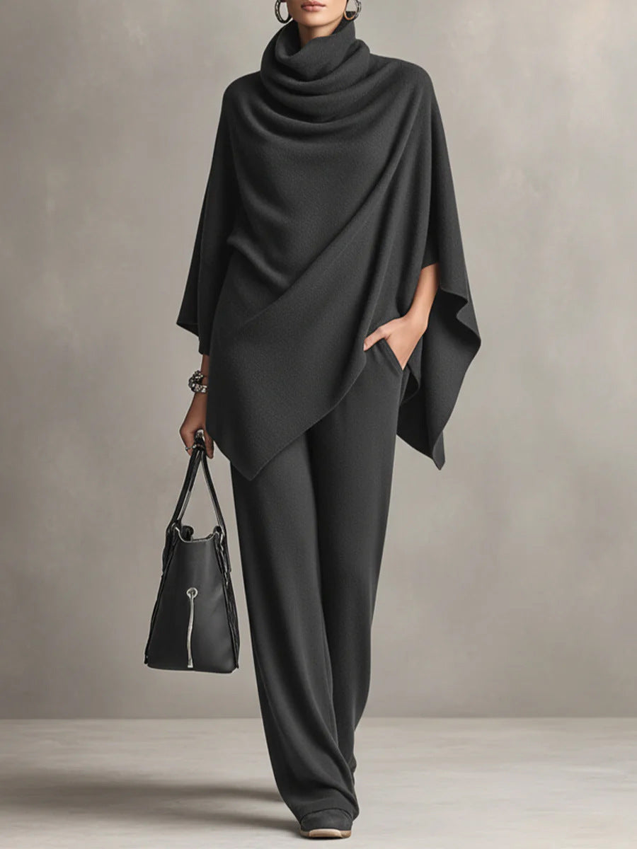 Ensemble Deux Pièces Femme Cape Top et Pantalon Large – Silhouette Drapée