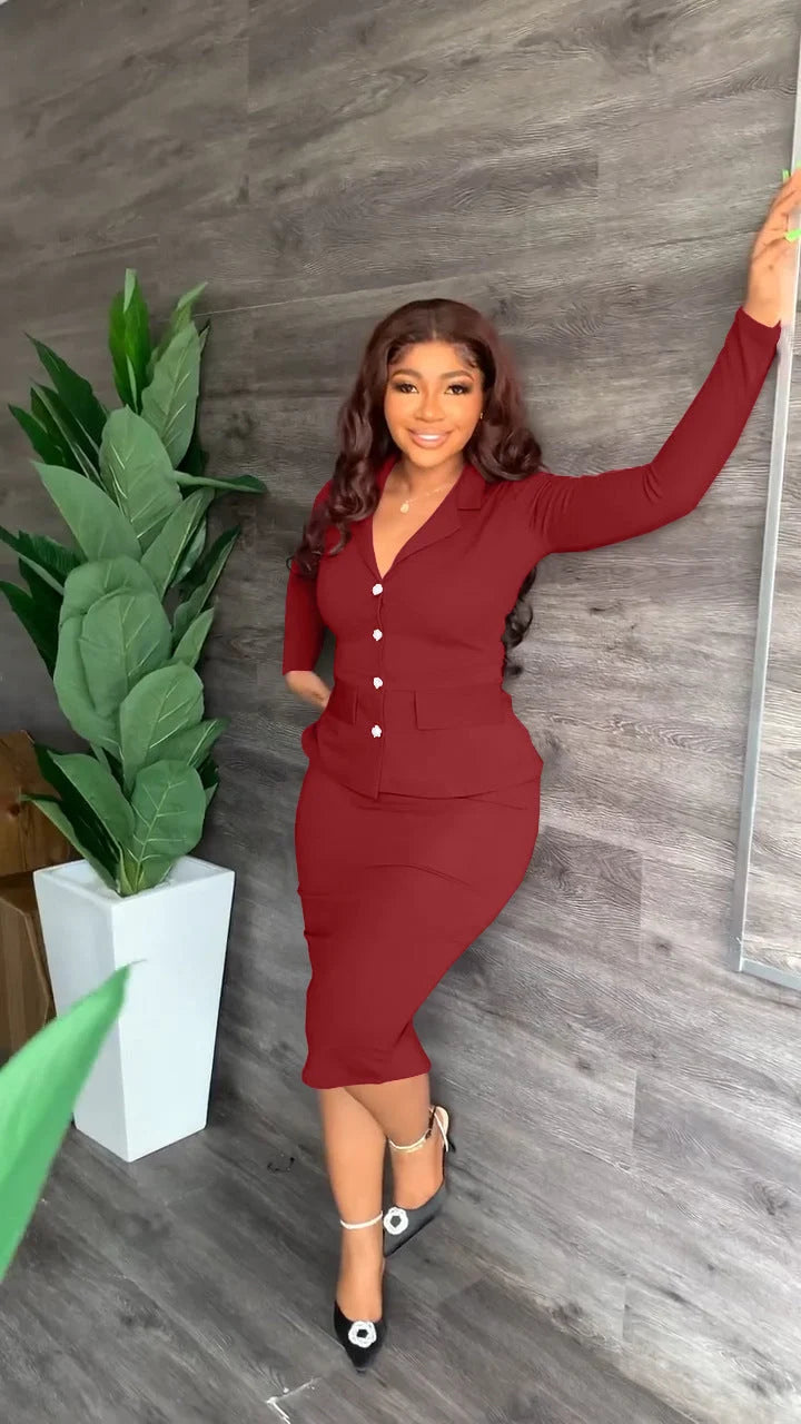 Tailleur Deux Pièces Femme – Veste Col Chemise &amp; Jupe Mi-Longue