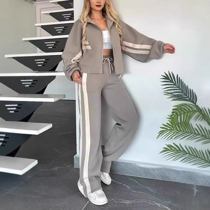 Ensemble Deux Pièces Femme – Veste de Sport Rayée &amp; Pantalon Large Coupe Décontractée