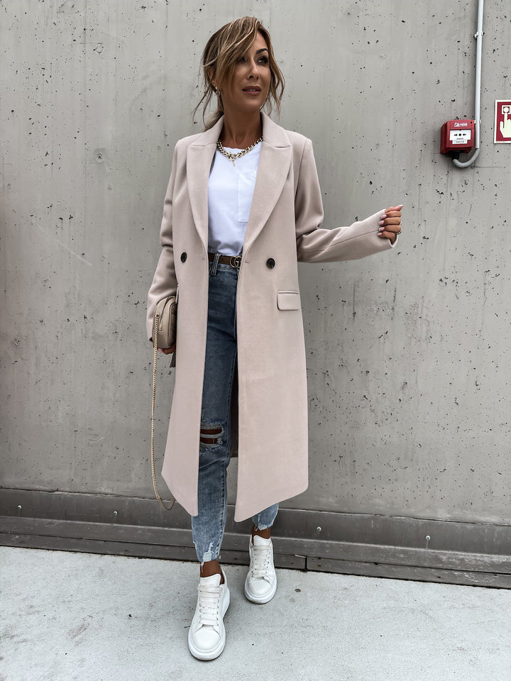 Manteau Long Double Boutonnage Femme Col Tailleur – Coupe Droite Décontractée