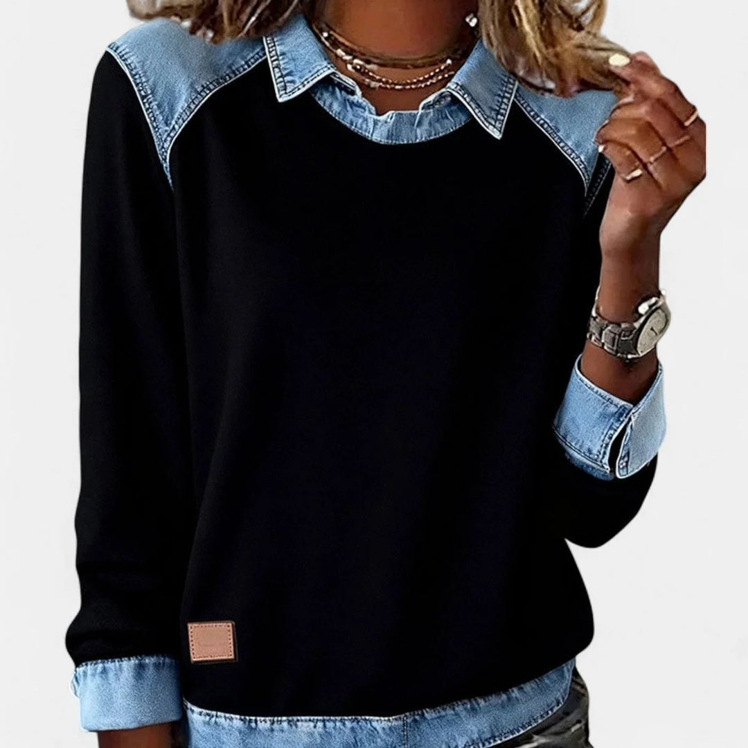 Damenpullover aus Strick – Hemdkragen aus kontrastierendem Denim