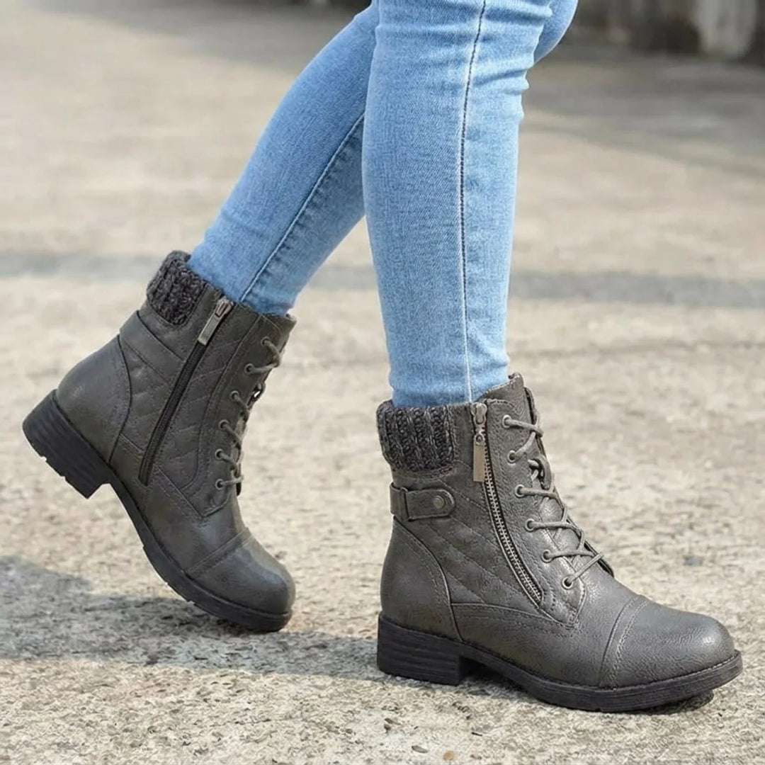 Gesteppte Damenstiefeletten – Schnürsenkel und praktischer seitlicher Reißverschluss