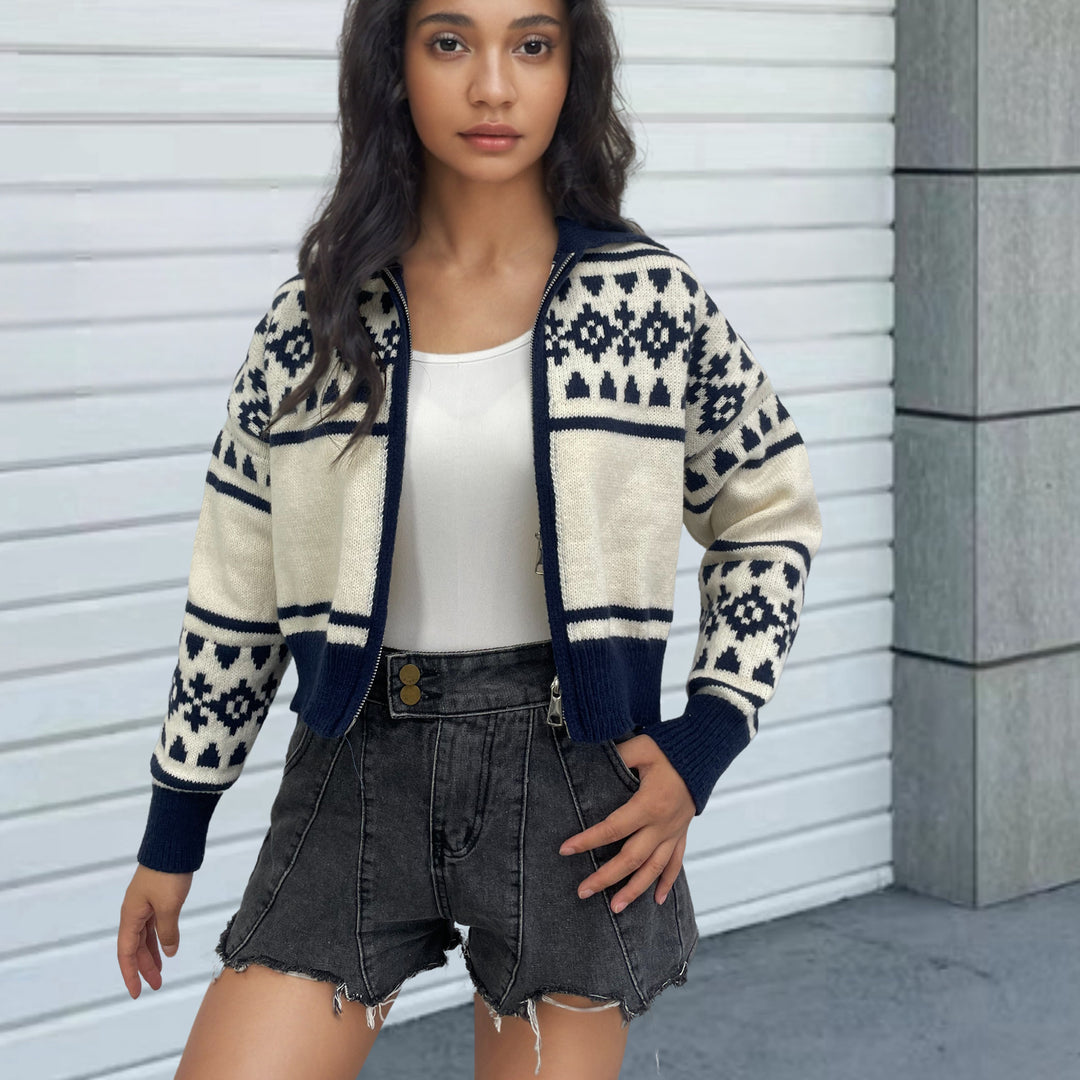 Pull Femme Laine – Jacquard Géométrique Col Zippé