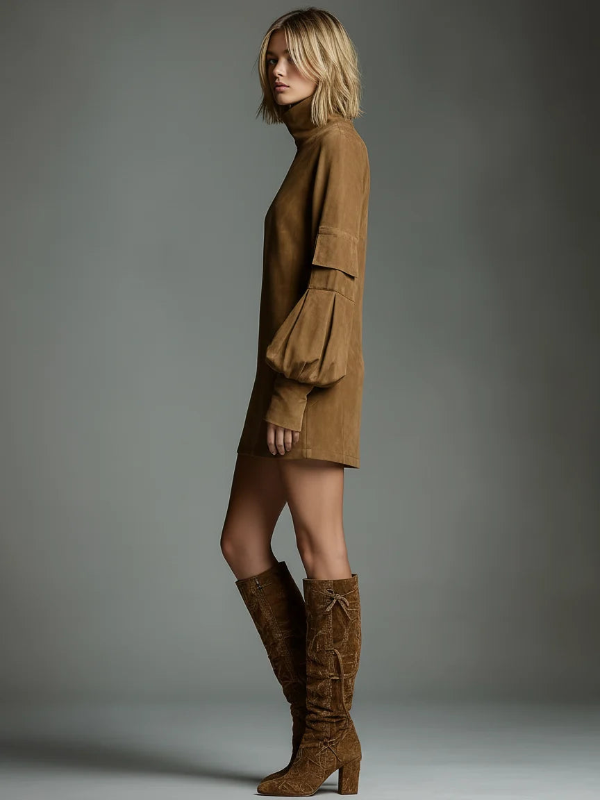 Damen-Minikleid mit Stehkragen und langen Ärmeln – lässiger Schnitt