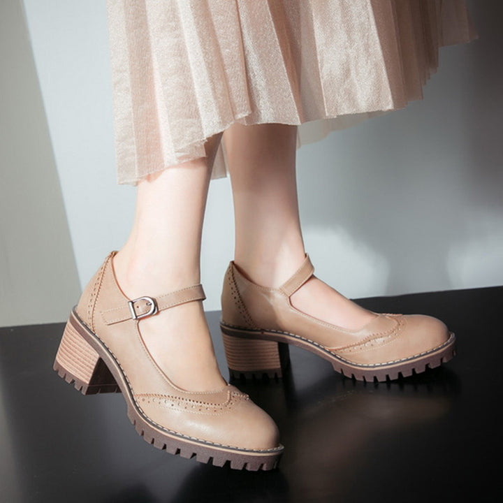 Damesko i Mary Jane-stil – Retro chunky hæl med ankelrem