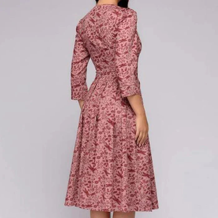Robe Femme Midi Évasée Imprimée – Plissé Élégant Taille Marquée
