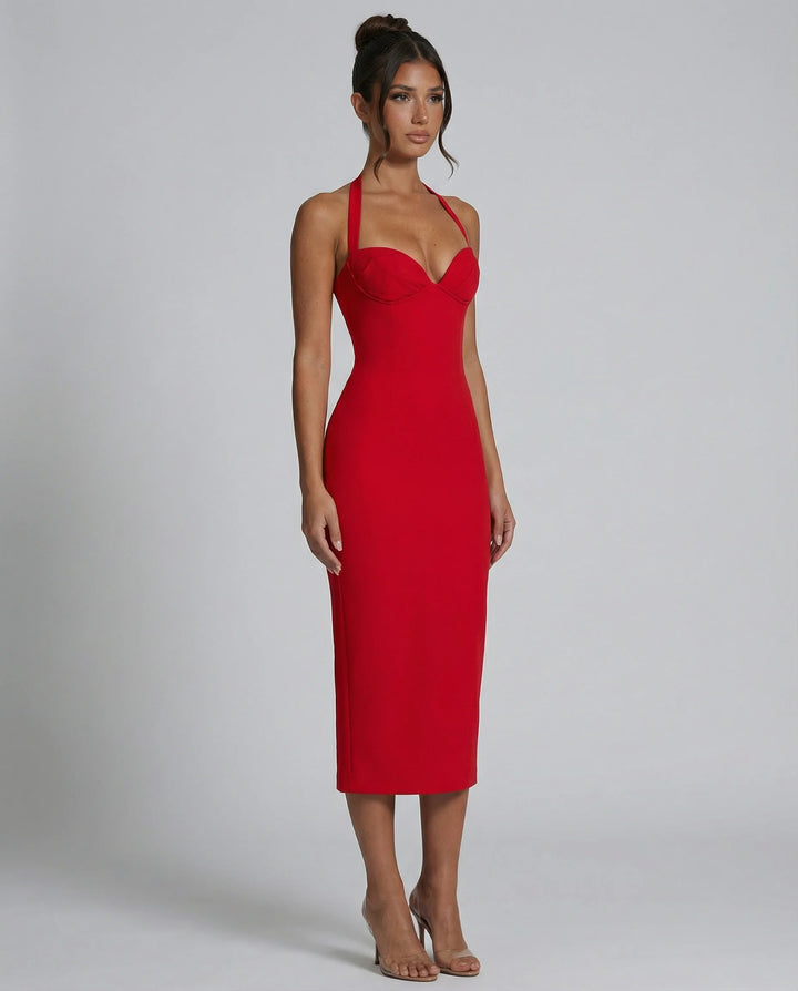 Midi-Kleid für Damen – Neckholder-Ausschnitt, strukturierter Schnitt, Rückenschlitz