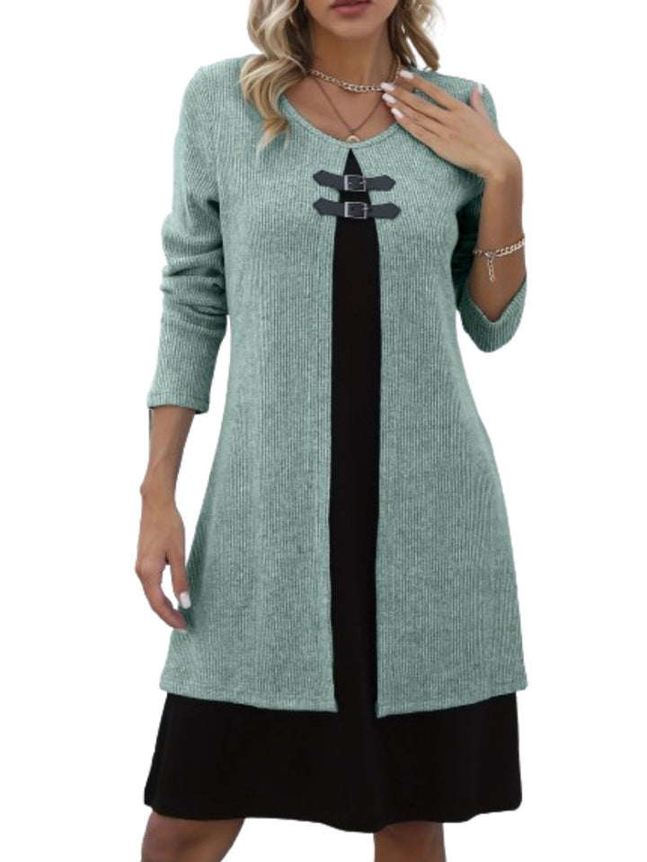Robe Pull Mini Femme – Détail Double Boucle Poitrine, Manches 3/4