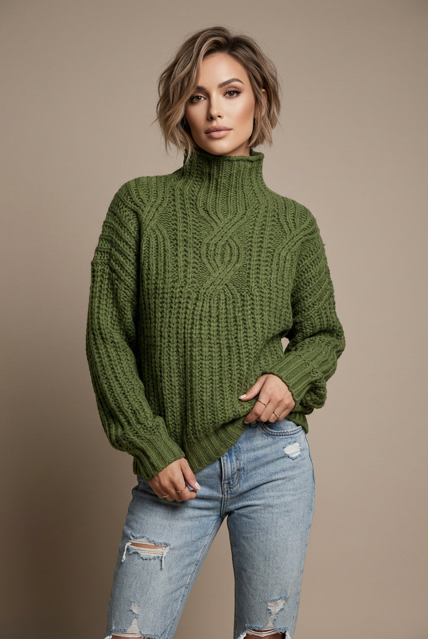 Pull Femme Col Montant Maille Torsadée – Coupe Ample Texturée