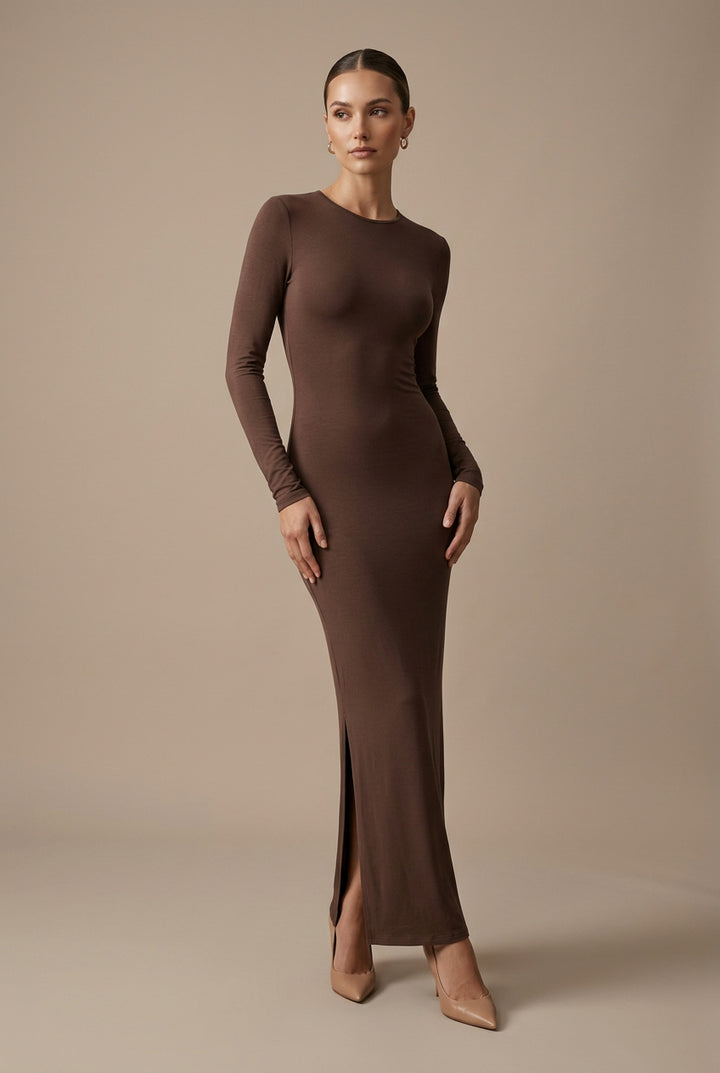 Robe Midi Femme – Coupe Ajustée Taille Haute Col Rond