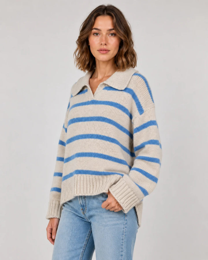 Pull Femme Rayé en Maille – Col Polo Coupe Décontractée