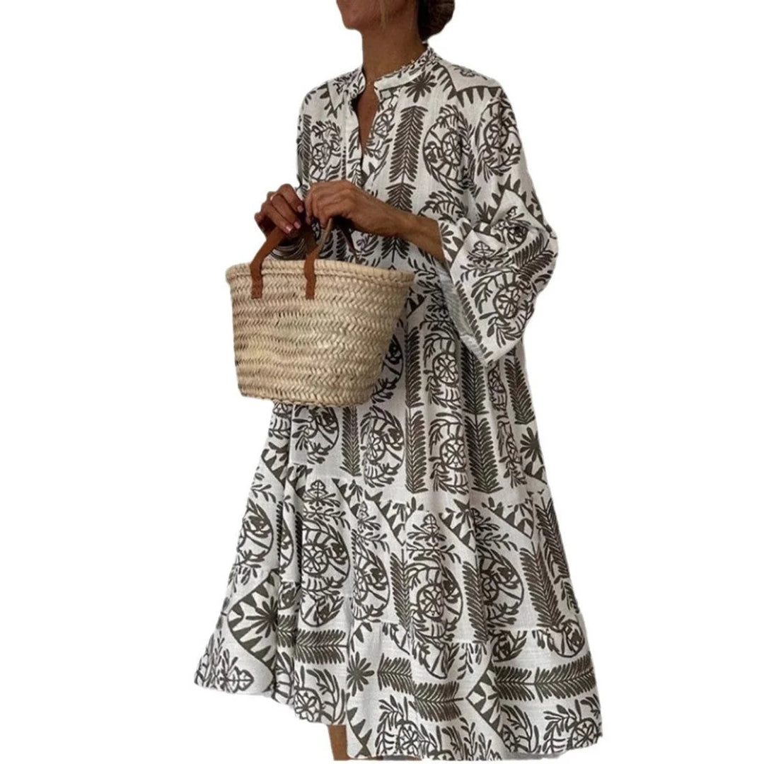 Vestito Donna Mini Stampa Botanica – Scollo Spacco, Silhouette Casual