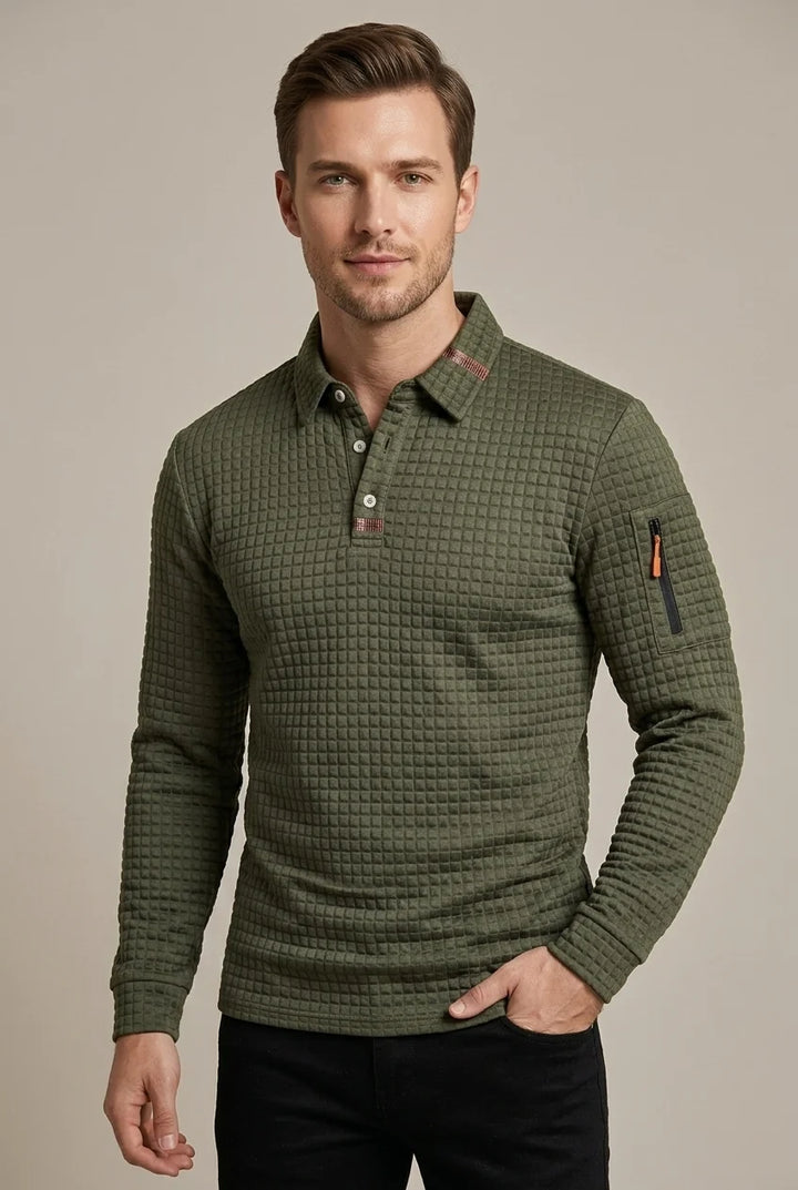 Polo Homme à Manches Longues – Maille Texturée Damier Moderne