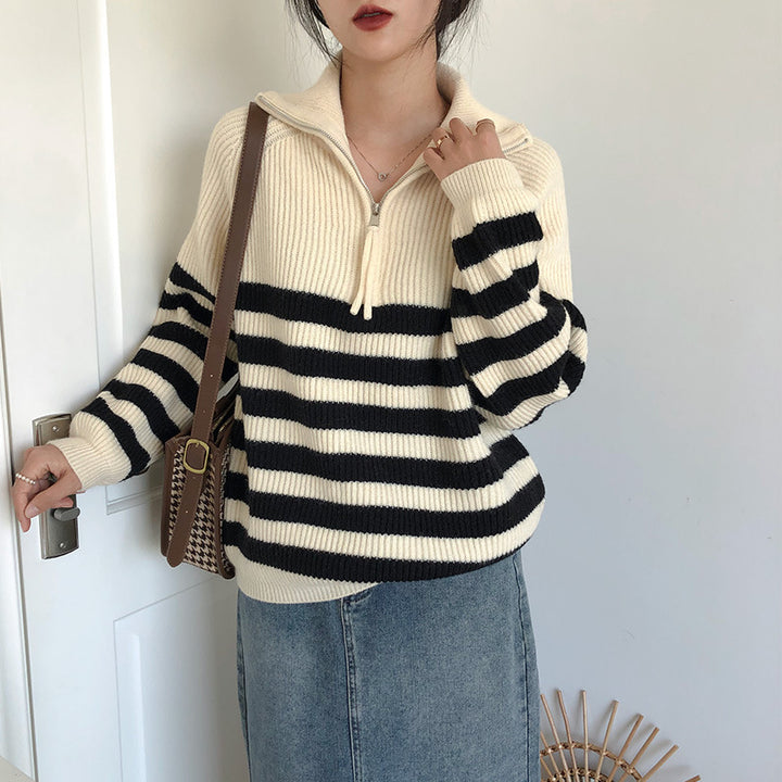 Gilet Femme à Rayures – Maille Souple Zippée Coupe Ample