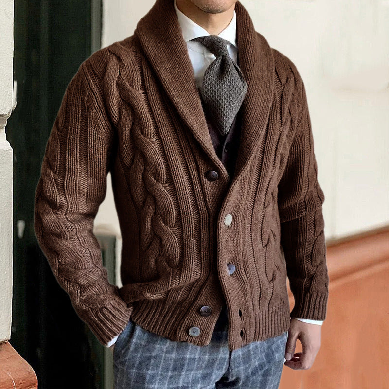 Herren-Cardigan aus Strickwaren – Geknöpfter Schalkragen mit Zopfmuster