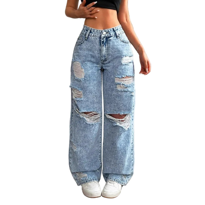 Jeans til kvinder i bomuld med høj talje - bredt, lige snit med slidt effekt