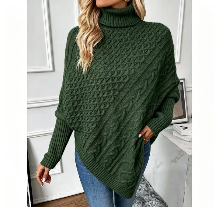 Sweaterponcho til Dame med høj hals – Asymmetrisk silhuet