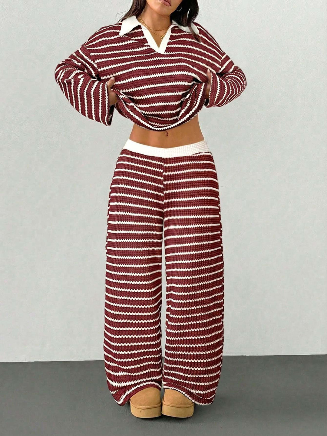 Ensemble Deux Pièces Femme Rayé – Maille Décontractée Pantalon Large