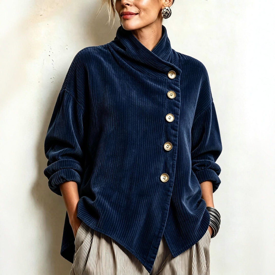 Veste Femme en Velours Côtelé – Col Haut Asymétrique Moderne