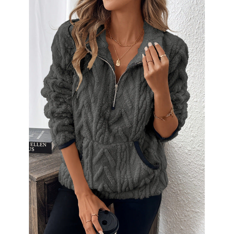Sweater til dame med halv lynlås i blød strik - Tekstureret finish