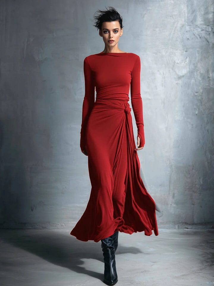 Elegantes Maxi-Wickelkleid für Damen mit Schleifenmuster und langen Ärmeln