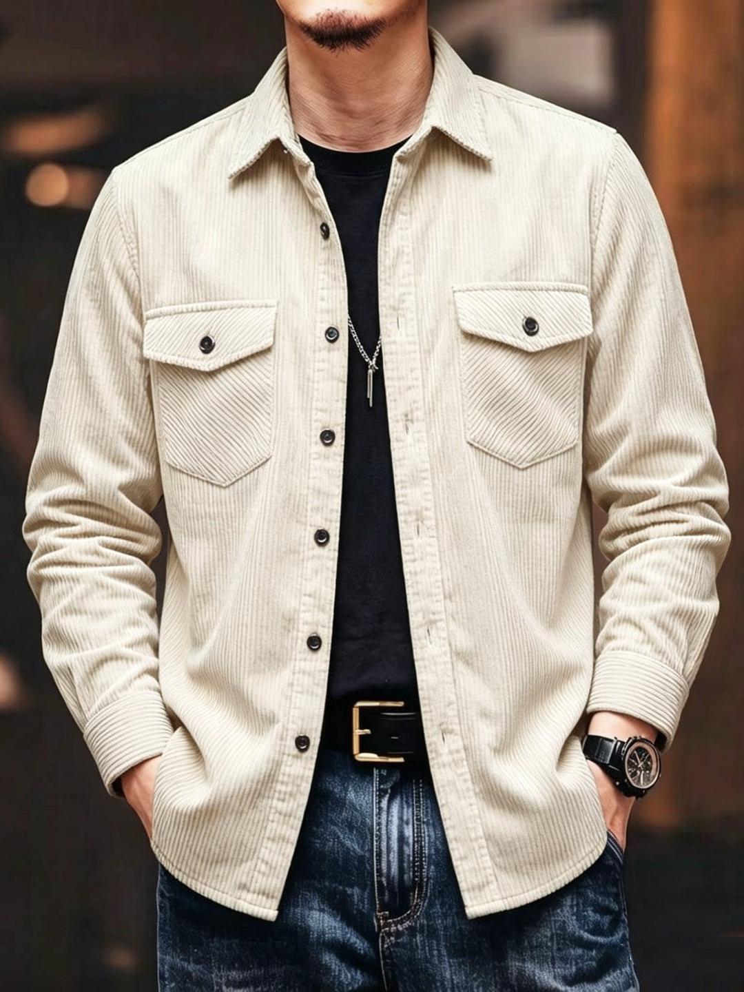 Veste Homme Effet Velours Côtelé – Coupe Ajustée à Col Revers