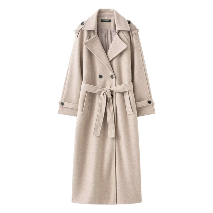 Manteau Long Femme Laine Mélangée – Ceinture &amp; Col à Revers