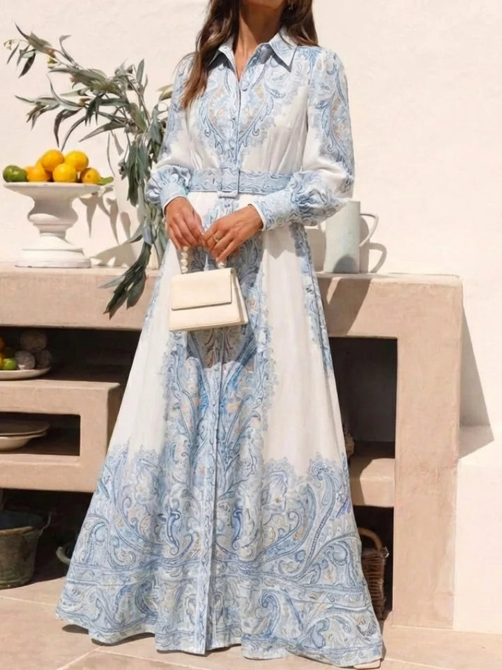 Robe Femme Maxi Imprimée – Col à Revers Manches Lanternes