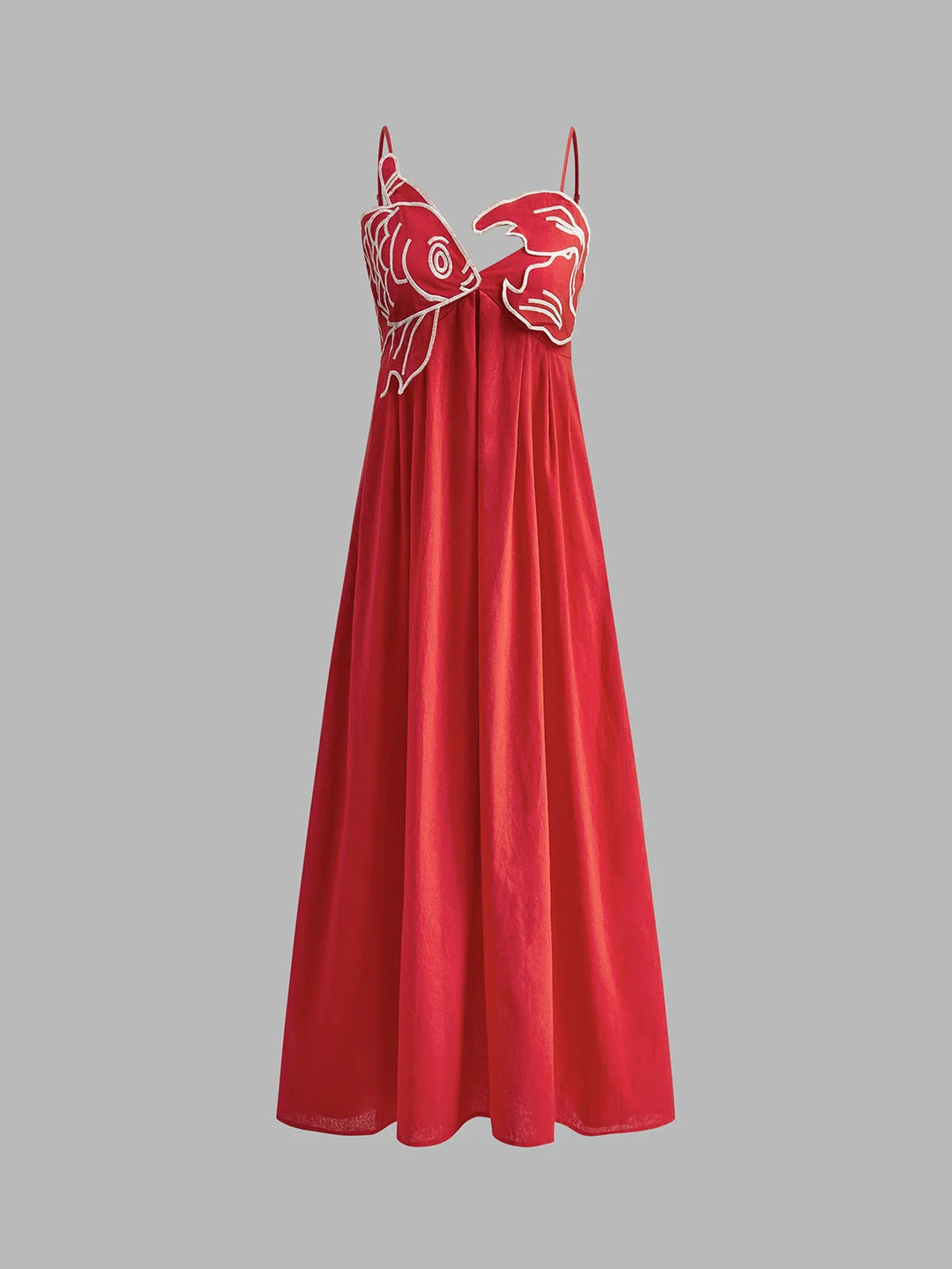 Maxikleid für Damen mit Trägern – Fischstickerei und Volantrock