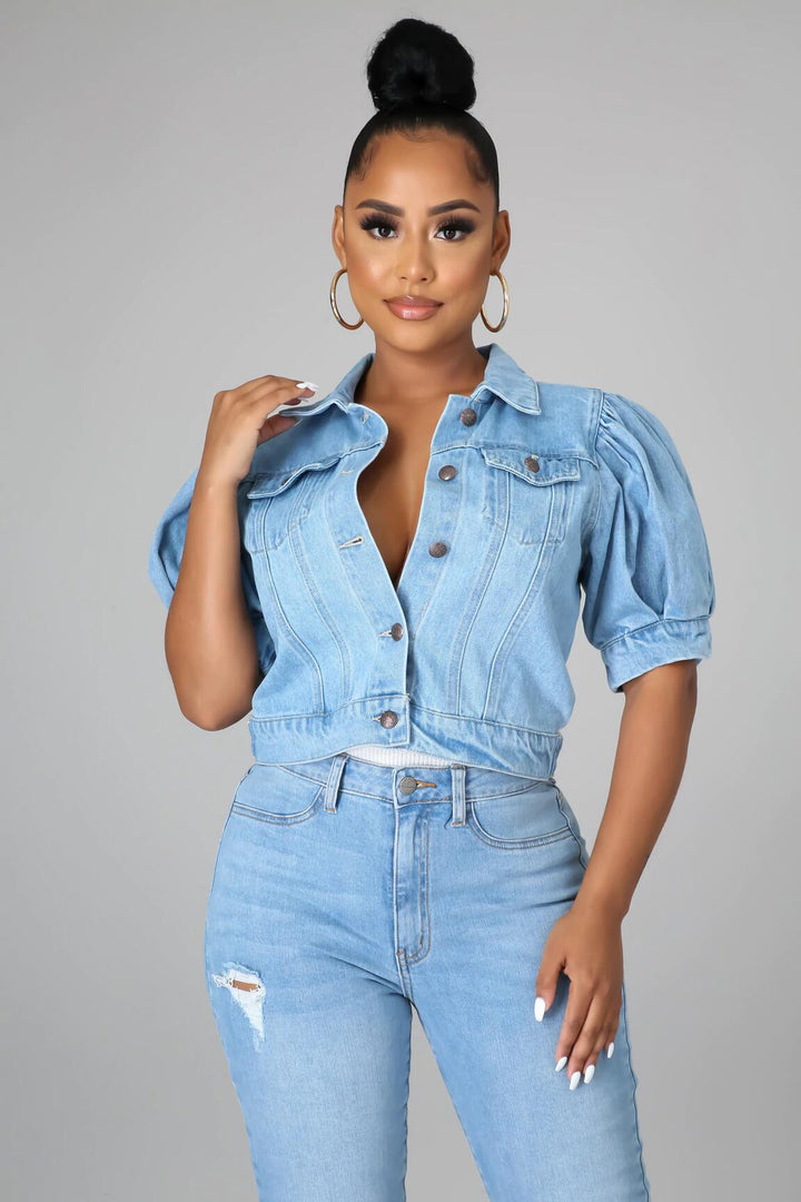 Jas van denim Dames – driekwartmouwen met pofeffect