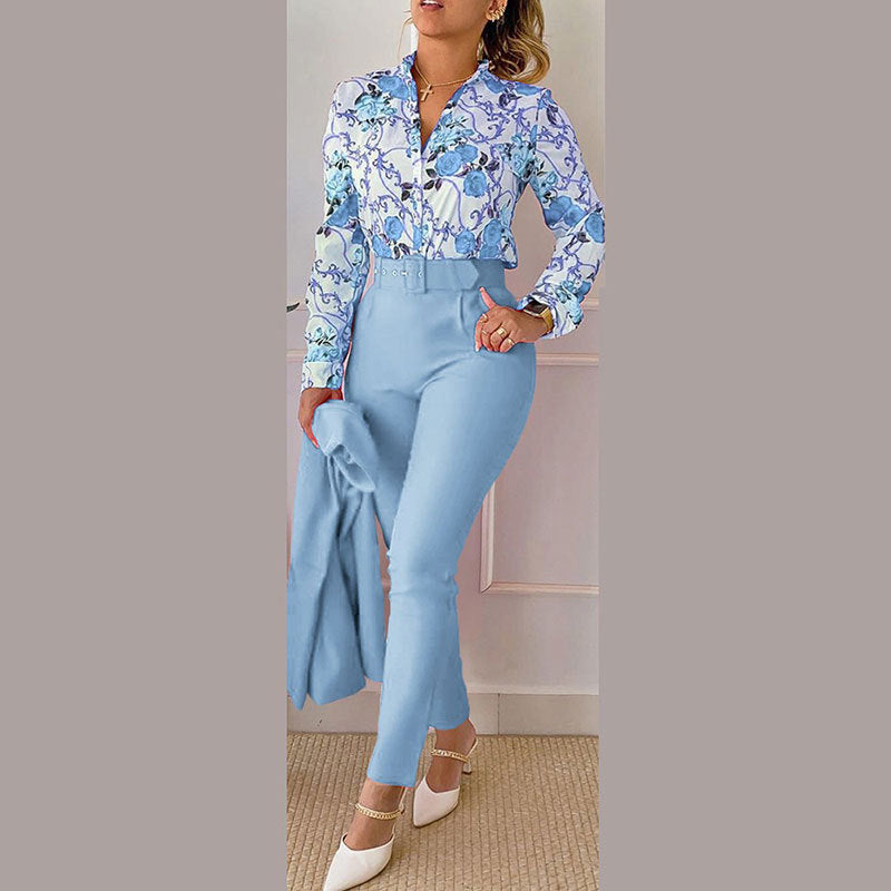 Completo Donna 2 Pezzi – Scollo a V, Stampa Floreale a Volute, Tessuto Leggero