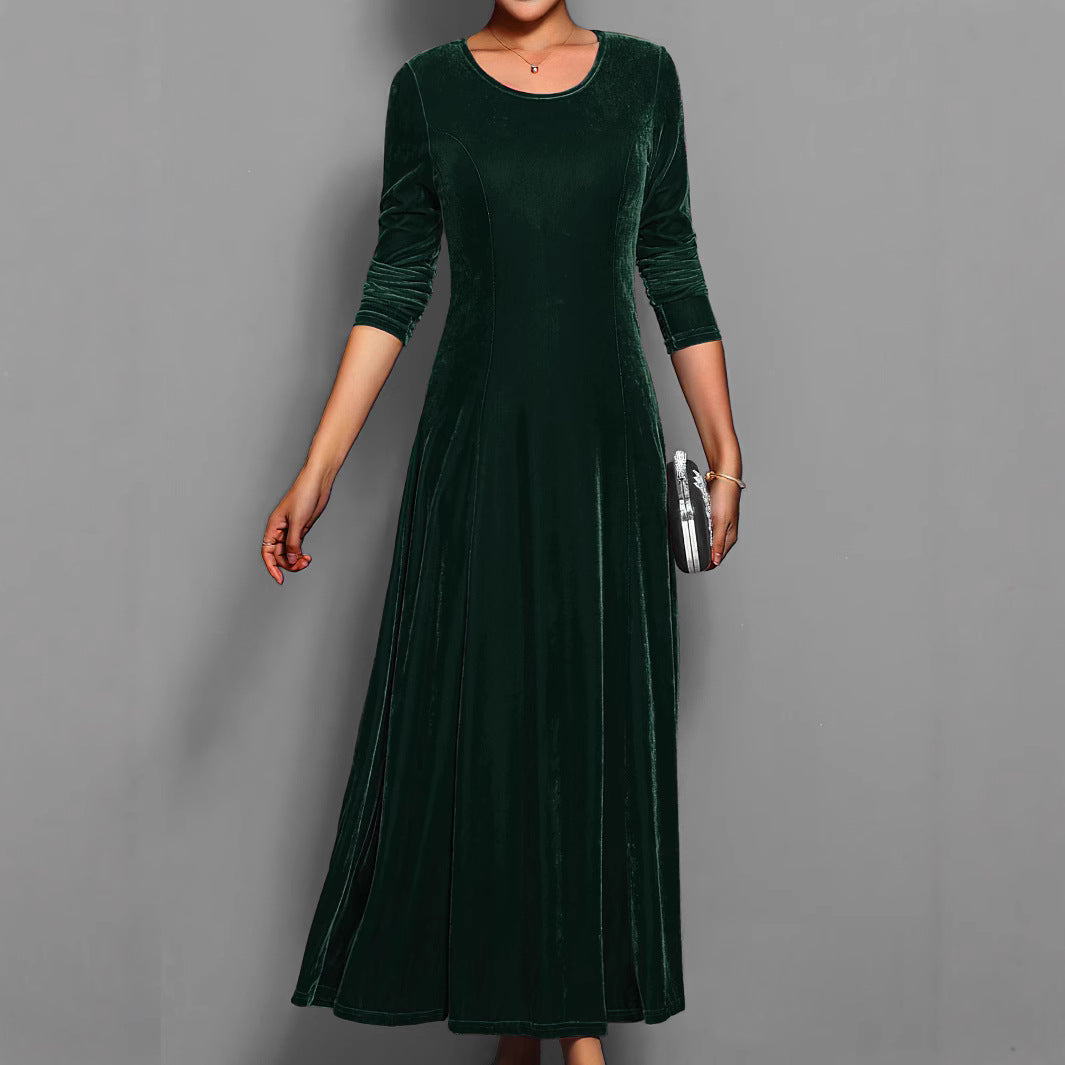Langes Damen-Samtkleid – A-Linien-Schnitt mit eleganten 3/4-Ärmeln