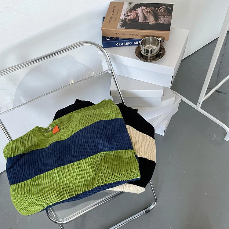 Pull Homme à Rayures – Col Rond Coupe Ample