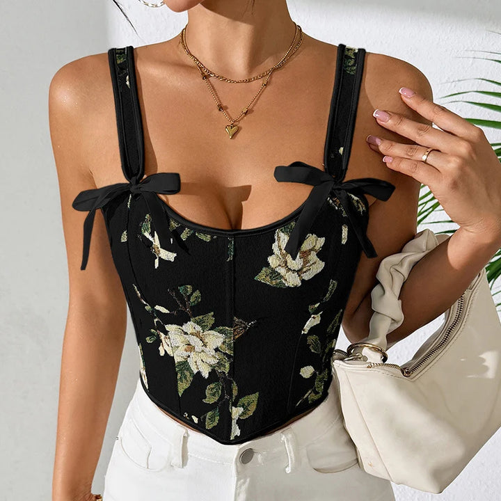 Gilet Femme Jacquard Fleuri – Coupe Cintrée, Liens à Nouer