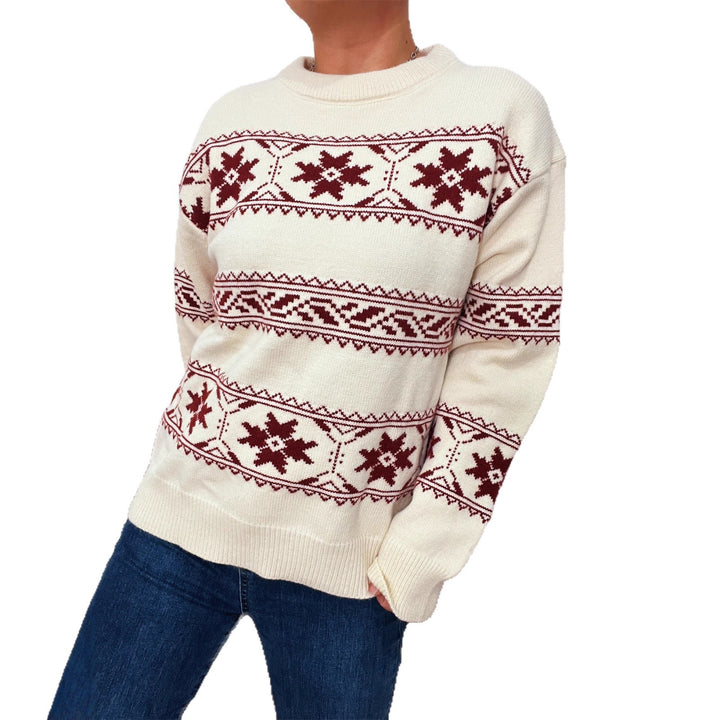 Pull Femme Jacquard Flocon – Col Rond Coupe Ample