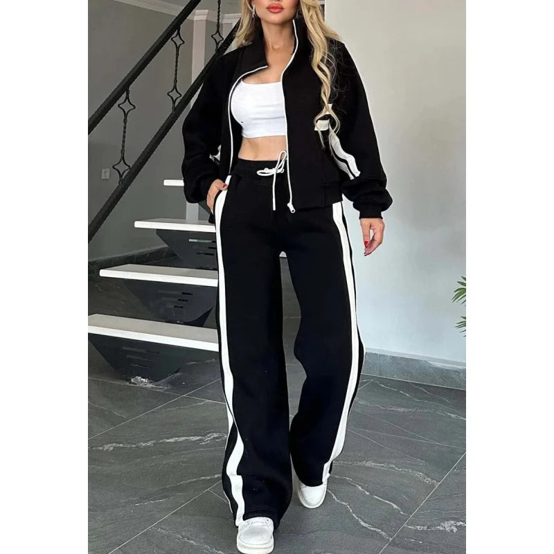 Ensemble Deux Pièces Femme – Veste de Sport Rayée &amp; Pantalon Large Coupe Décontractée