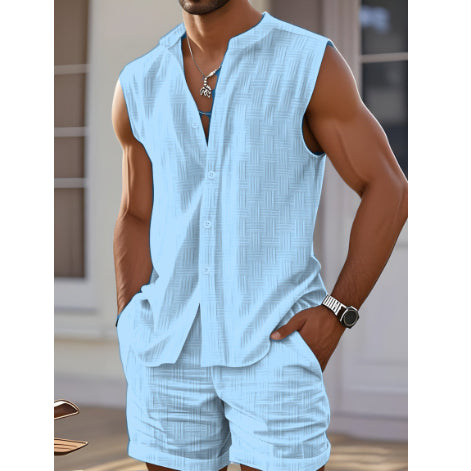 Completo Due Pezzi Uomo in Cotone Misto – Collo Camicia Aperto, Senza Maniche, Leggero