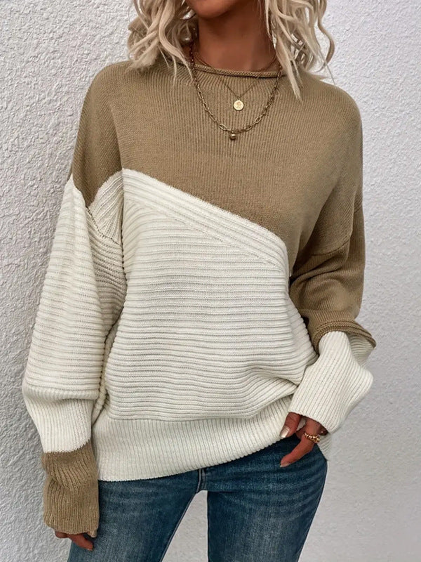 Pull Femme en Maille – Coupe Ample à Blocs de Couleur