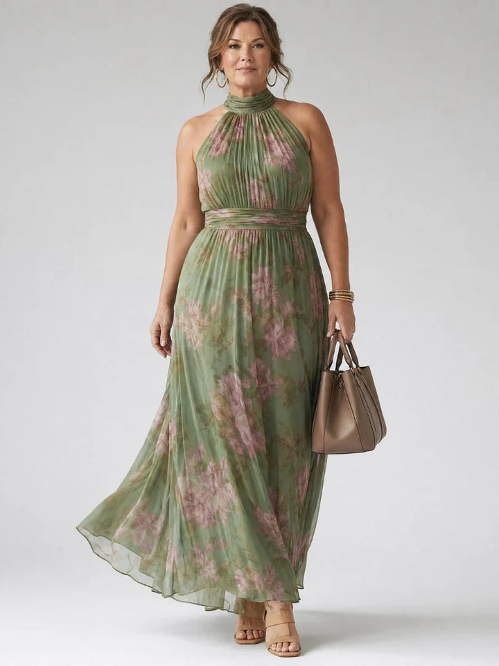 Langes Damenkleid – Neckholder-Ausschnitt, taillierte Passform, ausgestellter Saum