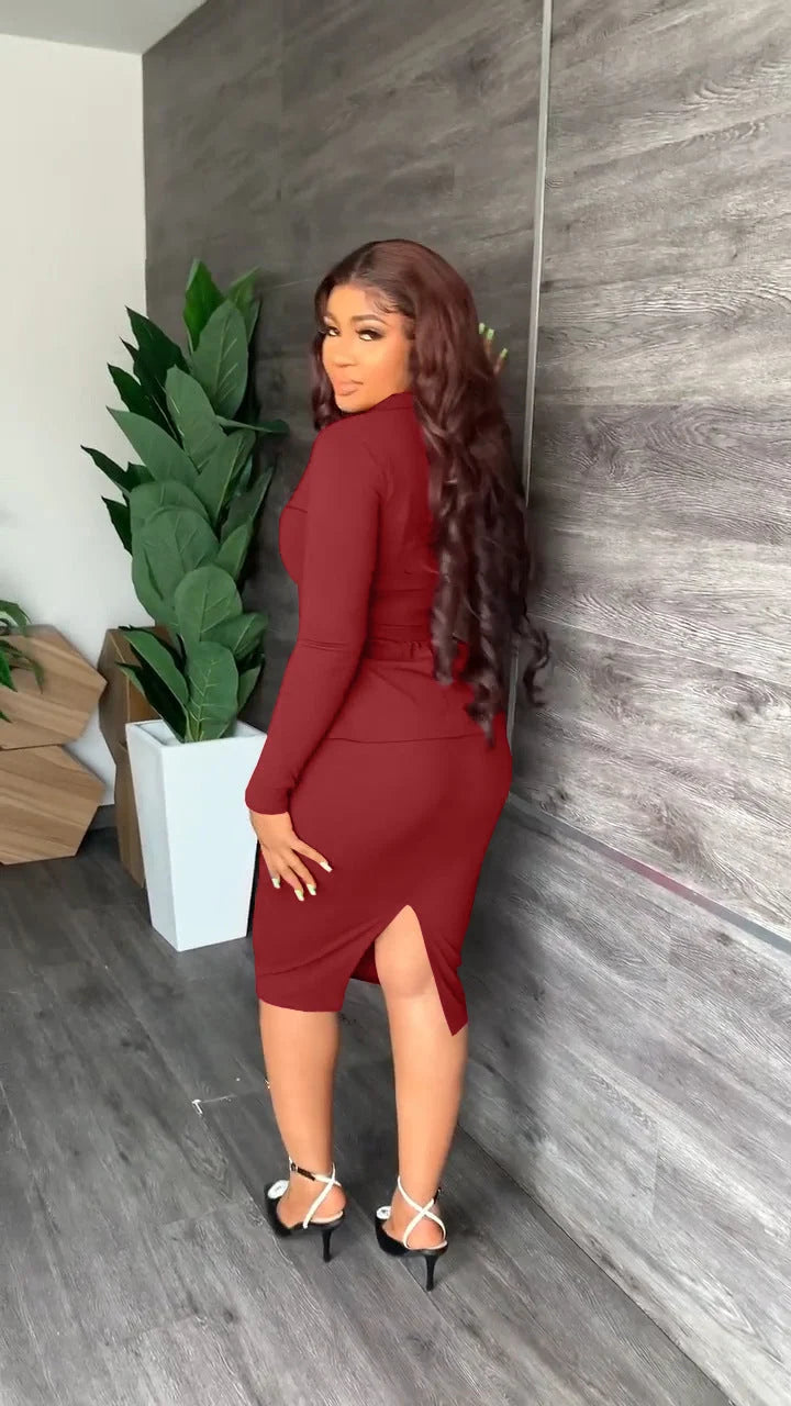 Tailleur Deux Pièces Femme – Veste Col Chemise &amp; Jupe Mi-Longue
