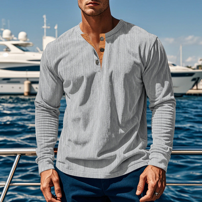 Herren-Hemd im Henley-Stil aus geripptem Baumwollcord - Schmale Passform