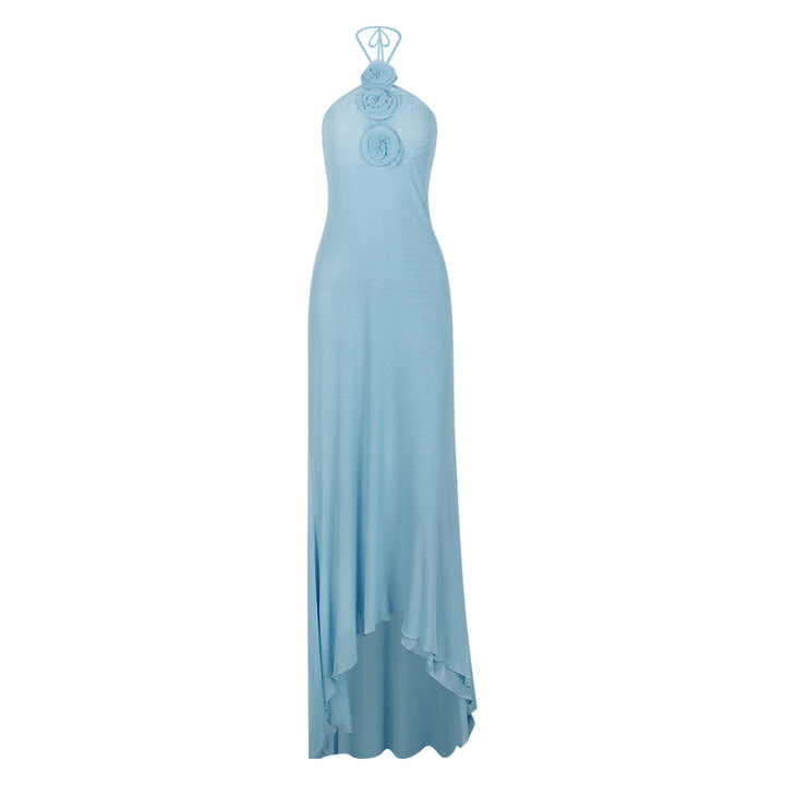 Abito lungo da donna in mesh – scollo halter con fiore 3D e schiena scoperta