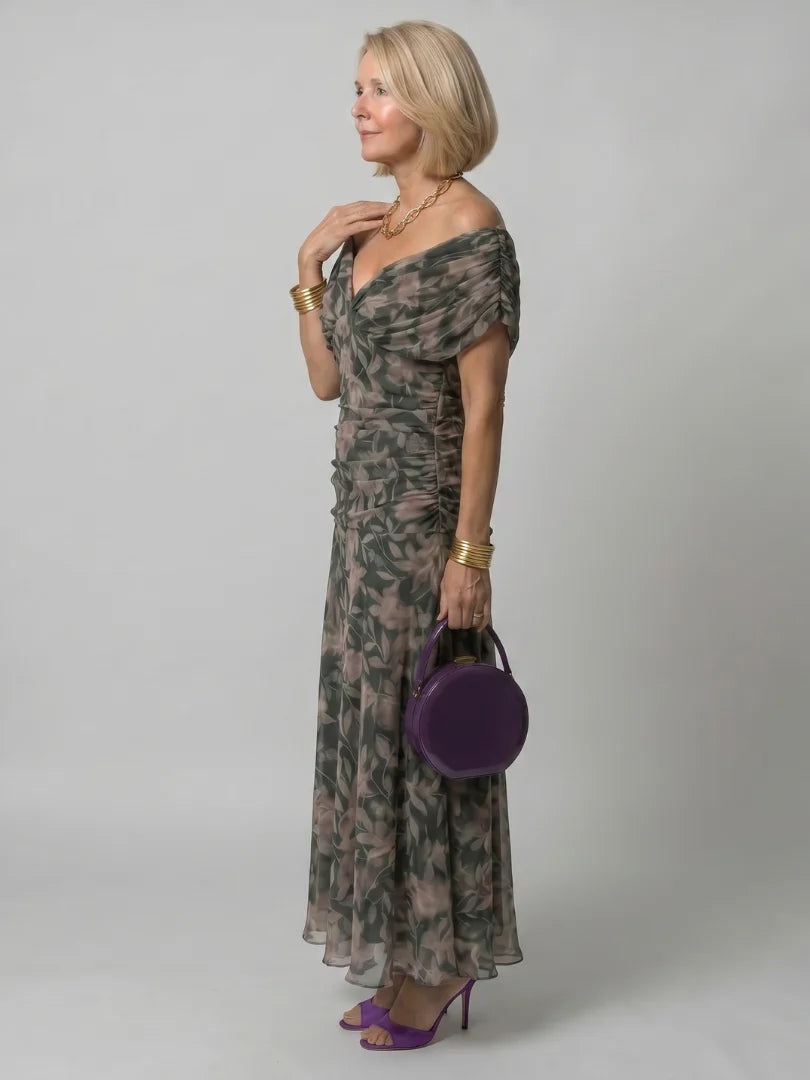 Robe Femme Maxi Chiffon – Imprimé Col V Manches Courtes